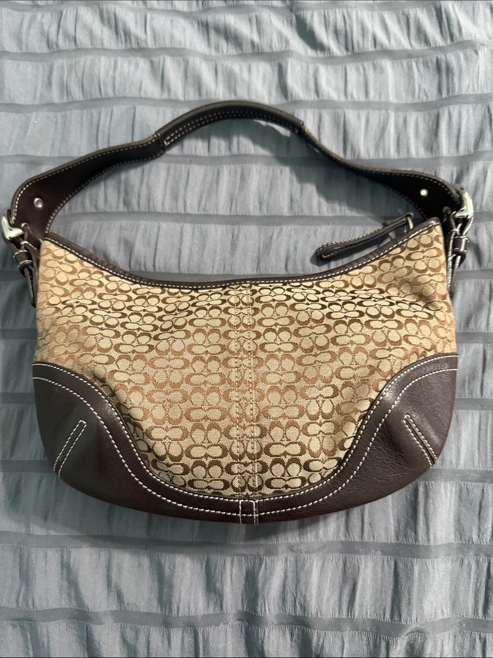Coach Beige Signature Jacquard Shoulder Bag with Brown Trim